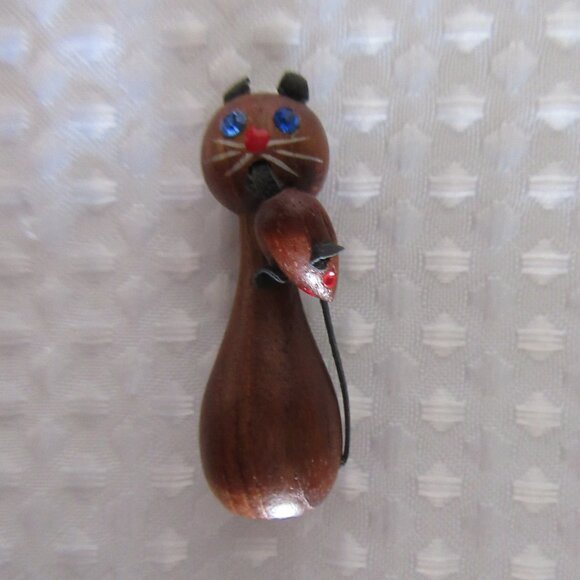 Vintage Teak Wood Cat & Mouse Brooch - Picture 10 of 14